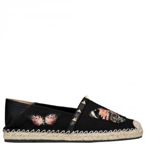 Pre Owned Valentino Black Canvas Embroidered Butterfly Espadrille Slip on Sneakers Size 40