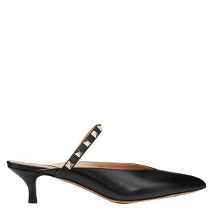 Pre Owned Valentino Black Leather Rockstud Hype Kitten Heel Mules Size 39
