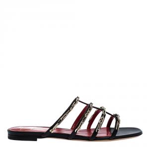 Pre Owned Valentino Black Leather Chain Caged Flat Slides Size 36