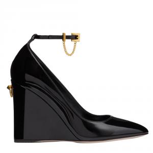 Pre Owned Valentino Black Patent Leather Ankle Strap Wedge Pumps Size 38