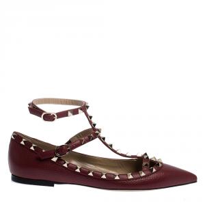Pre Owned Valentino Bordeaux Leather Rockstud Ankle Strap Ballet Flats Size 36.5