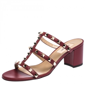 Pre Owned Valentino Dark Red Leather Rockstud Caged Slide Sandals Size 36.5
