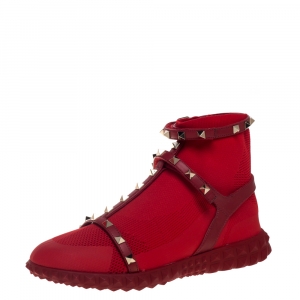 Pre Owned Valentino Red Stretch Knit and Leather Rockstud Bodytech High Top Sneakers Size 38.5