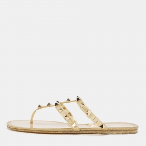 Pre Owned Valentino Gold Rubber Rockstud Slide Flats Size 37