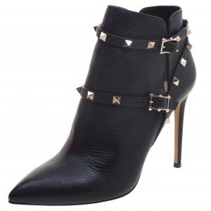Pre Owned Valentino Black Leather Rockstud Pointed Toe Ankle Boots Size 40.5
