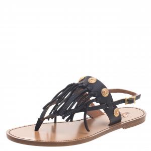 Pre Owned Valentino Black Leather Fringed Coin Detail Thong Sandals Size 39