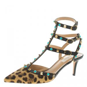 Pre Owned  Valentino Leopard Print Calf Hair Rolling Rockstud Sandals Size 39