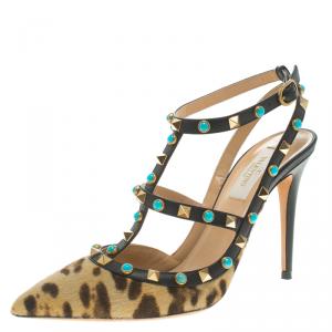 Pre Owned Valentino Leopard Print Calf Hair Rolling Rockstud Sandals Size 38.5