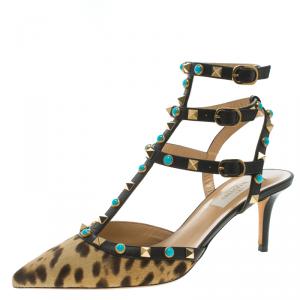 Pre Owned  Valentino Leopard Print Calf Hair Rolling Rockstud Sandals Size 38