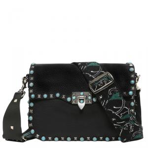 Valentino Emerald/Nero Cotton and Leather Camupanther Embroidery Guitar Rockstud Strap