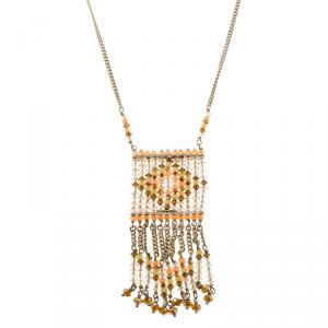 Pre Owned Valentino Multicolor Beaded Geometric Fringe Gold Tone Chain Necklace
