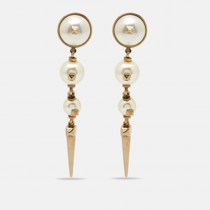 Pre Owned Valentino Rockstud Faux Pearl Gold Tone Earrings