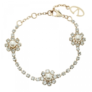 Pre Owned Valentino Faux Pearl Crystal Embellished Gold Tone Flower Bracelet