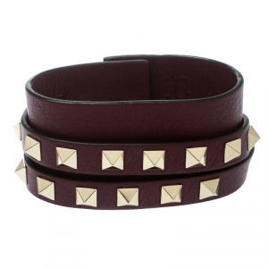 Pre Owned Valentino Rockstud Purple Leather Gold Tone Double Wrap Cuff Bracelet 