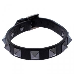 Pre Owned Valentino Rockstud Black Leather Gunmetal Tone Bracelet