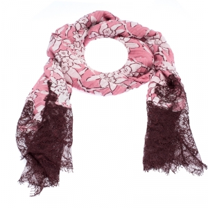 Valentino Pink Floral Printed Lace & Cashmere Blend Scarf