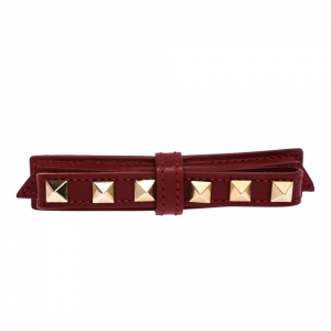 Pre Owned Valentino Rockstud Red Leather Gold Tone Bow Barrette Hair Clip