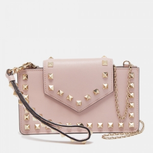 Valentino Light Pink Leather Rockstud Flap Phone Case with Chain