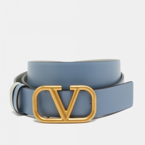 مملوكة مسبقًا Valentino Blue/Grey Leather VLogo Reversible Belt 95CM