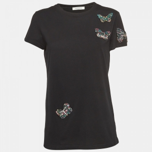 Valentino Black Crystal Butterfly Applique Jersey T-Shirt S