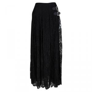 مملوكة مسبقًا Valentino Black Lace Studded Buckle Detail Layered High Waist Maxi Skirt M