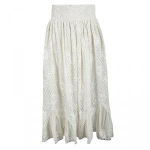 Pre Owned Valentino Cream Cotton Eyelet Embroidered High Waist Gathered Midi Skirt S