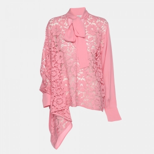 Valentino Pink Silk Lace Neck Tie Blouse S