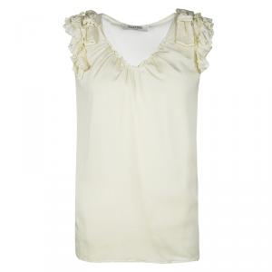 Pre Owned Valentino Pastel Yellow Silk Ruffle and Bow Detail Sleeveless Top M