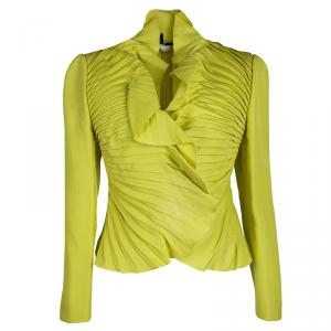 Pre Owned Valentino Yellow Silk Pleated Ruffle Front Jacket M