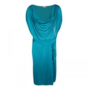 Valentino Blue Knit Cowl Neck Belted Dress L
