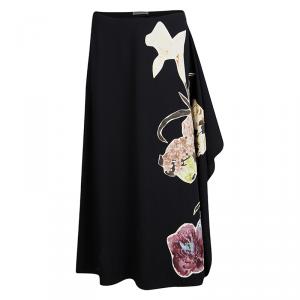 مملوكة مسبقًا Valentino Black Wool Floral Applique Detail Asymmetric Midi Skirt M