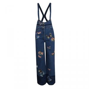 Pre Owned Valentino Indigo Butterfly Embroidered Denim Bib Overalls M