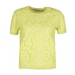 Pre Owned Valentino Yellow Wool Blend Lace Overlay Short Sleeve Top M