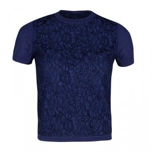 Pre Owned Valentino Navy Blue Wool Blend Lace Overlay Short Sleeve Top S
