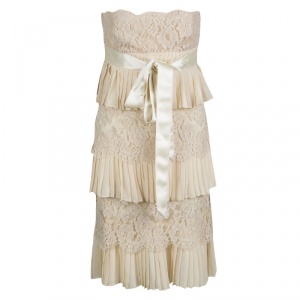 Pre Owned Valentino Beige Pleats and Lace Tiered Strapless Dress S