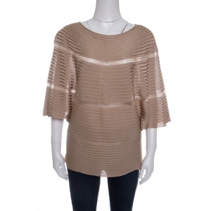 Pre Owned Valentino Beige Rib Knit Short Sleeve Kaftan Top XL