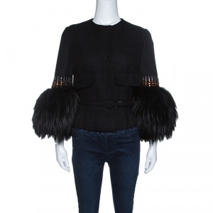 Pre Owned Valentino Black Knit Embellished Faux Fur Cuffed Belted Cropped Jacket M