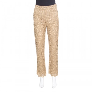 Pre Owned Valentino Gold Embroidered Floral Lace Pants S 