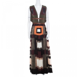 Valentino Colorblock Silk and Lace Paneled Leather Trim Plunge Neck Maxi Dress S
