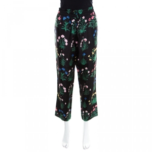 Pre Owned Valentino Black Floral Printed Silk Drawstring Detail Pyjama Pants L