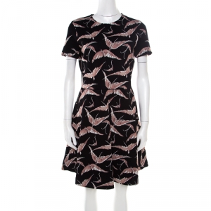 Valentino Black and Pink Bird Print Jacquard Knit Fit and Flare Dress M
