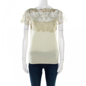 Pre Owned Valentino Mint Green Knit Floral Lace Overlay Boat Neck Top M