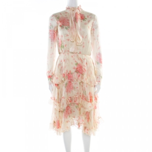 Pre Owned Valentino Pale Yellow Rose Printed Silk Tie Up Detail Tiered Dress S