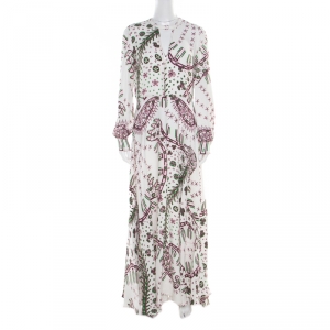 Pre Owned Valentino White Aztec Zandra Leopard Print Crepe Keyhole Neck Maxi Dress M