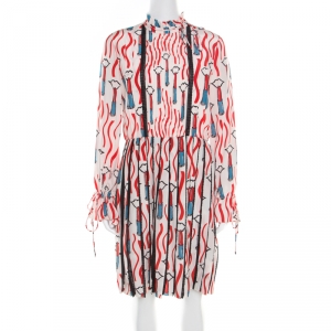 Pre Owned Valentino Cream Lipstick Print Silk Crepe de Chine High Collar Dress S
