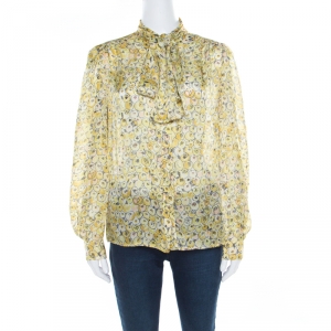 Pre Owned Valentino Multicolor Printed Silk Neck Tie Detail Long Sleeve Blouse M
