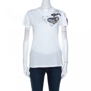 Pre Owned Valentino White Cotton Jersey Knit Heart and Bird Embellished T-Shirt S