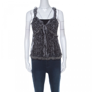 Pre Owned Valentino Monochrome Chevron Print Silk Ruffle Trim Camisole M