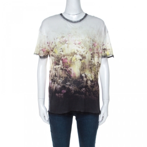 Pre Owned Valentino T-Shirt Couture Multicolor Printed Knit Mesh Trim Detail T-Shirt L