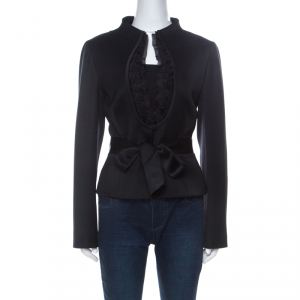 Pre Owned Valentino Black Wool Ruffle Front Detail Stand Collar Jacket XL 